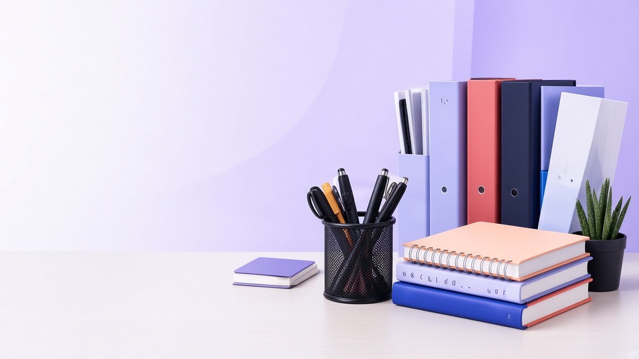 Box files, a pen cup and notebooks on an office desk